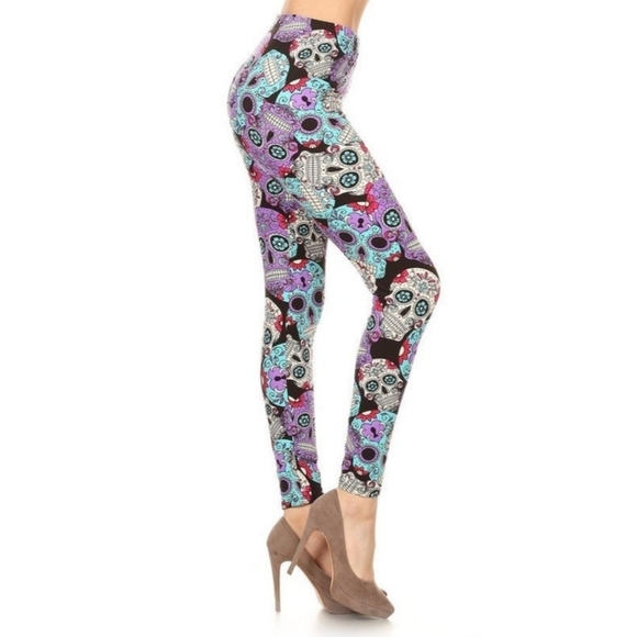 LEGGINGS DEPOT Purple & Pink Sugar Skull Full Length Leggings Size 12-20 NWT - Picture 3 of 7